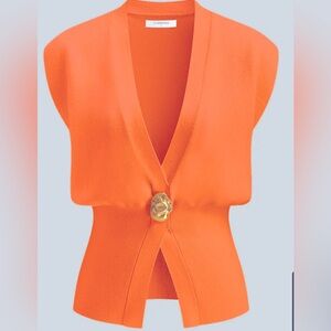 Orange Sleeveless V-Neck Sweater with Gold Button